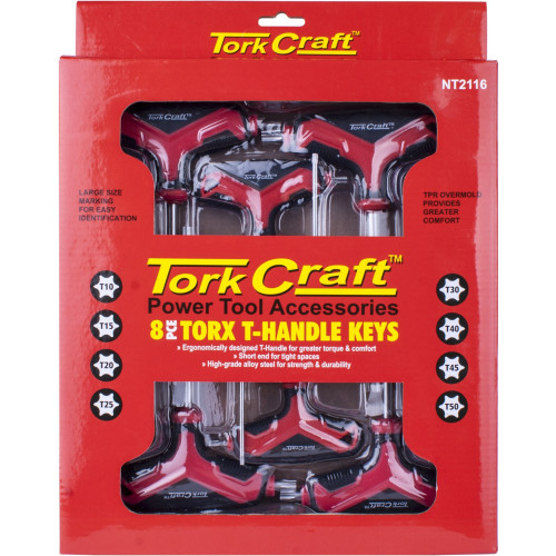 8PC TORX T-HANDLE WRENCH SET SIZES: T10-T15-T20-T25-T30-T40-T45-T50 8PC TORX T-HANDLE WRENCH SET SIZES: T10-T15-T20-T25-T30-T40-T45-T50