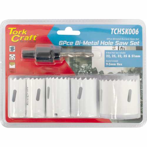 HOLE SAW SET 6PCE BI-METAL (22/25/32/35/51MM & 3/8 HEX MANDREL) HOLE SAW SET 6PCE BI-METAL (22/25/32/35/51MM & 3/8 HEX MANDREL)