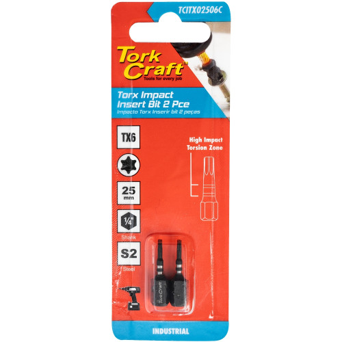 TORX TX 6 IMPACT INSERT BIT 25MM 2PC CARDED TORX TX 6 IMPACT INSERT BIT 25MM 2PC CARDED